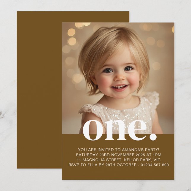 First Birthday Photo Invitation in Caramel Brown (Front/Back)