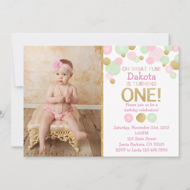 First Birthday Photo Invitation- Pink, Mint, Gold Invitation (Front)
