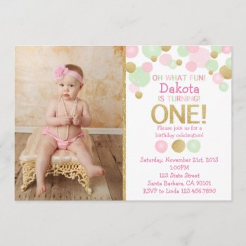First Birthday Photo Invitation- Pink  Mint  Gold Invitation by Pixabelle at Zazzle