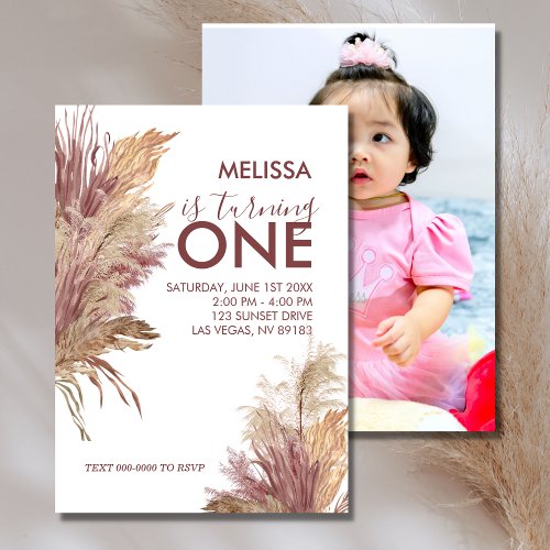 First Birthday Photo Pampas Elegance Mauve Pink Invitation