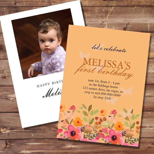 First Birthday Photo Pink Peach Garden Blooms Invitation