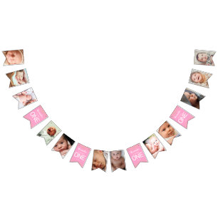 First Birthday Pink   12 Month Photo Bunting Flags