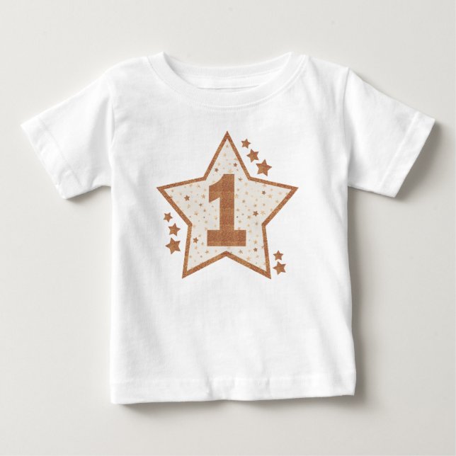 First Birthday Pink and Gold Star Baby T-Shirt (Front)