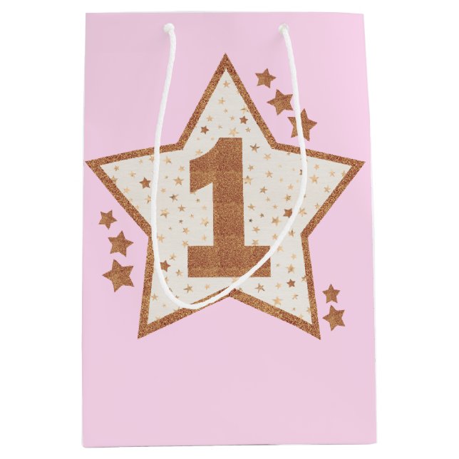 First Birthday Pink and Gold Star Medium Gift Bag (Front)