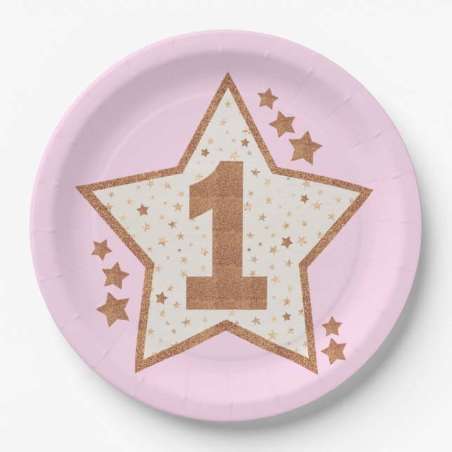 First Birthday Pink and Gold Star Paper Plates (Front)