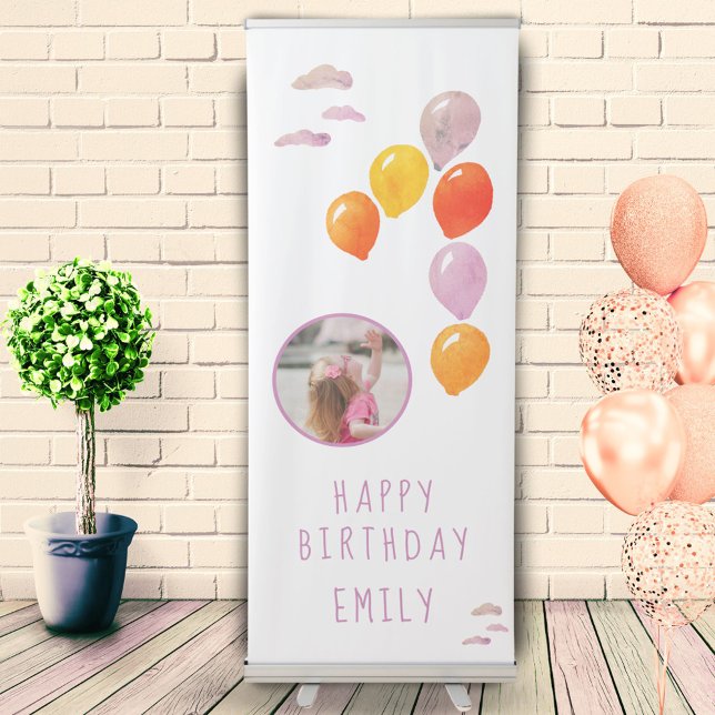 First Birthday Pink Balloon Girl`s Photo Birthday Retractable Banner (Creator Uploaded)