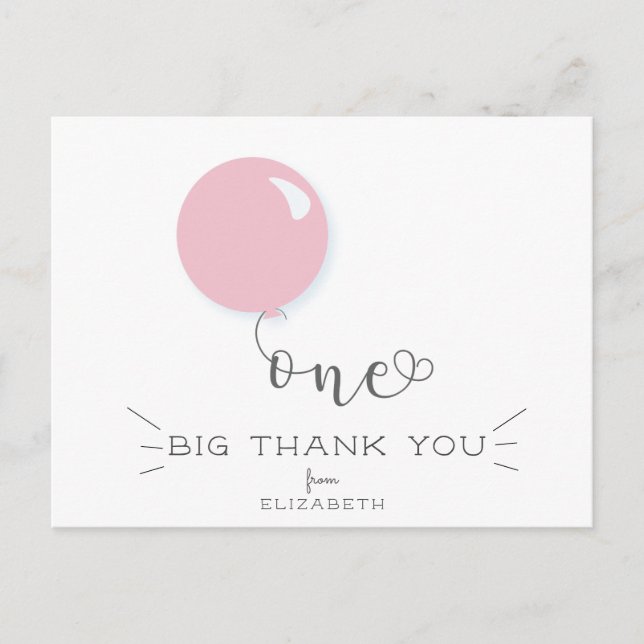 First Birthday Pink Balloon Thank you Post card (Front)