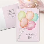 First Birthday Pink Balloons Greeting Card<br><div class="desc">Birthday greeting card features watercolor balloons on a pink background and a humorous unexpected message on the inside - you can change it. Also available in BLUE in our store.</div>