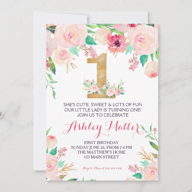 First  birthday pink Beautiful Floral Invitation, Invitation (Front)