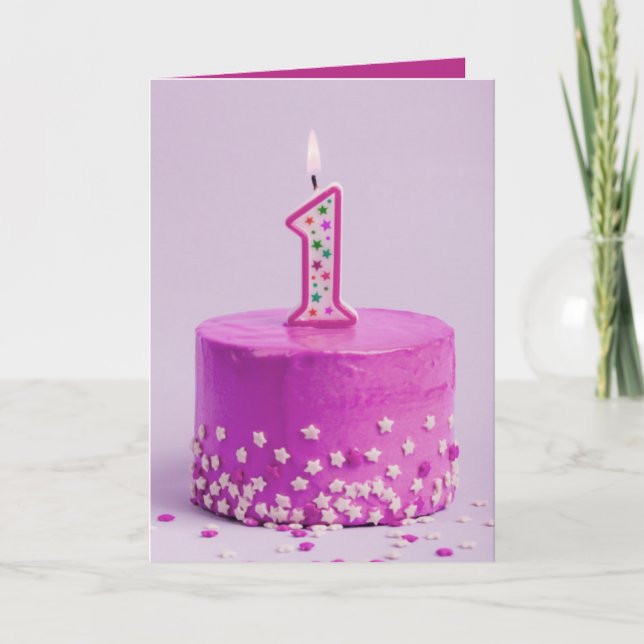 First Birthday Pink Cake and Candle  Card (Front)