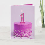 First Birthday Pink Cake and Candle  Card<br><div class="desc">A beautiful birthday greeting card features an pink cake with a number 1 candle and sprinkles on the front and your custom greeting - or use ours - on the inside. You can change the saying,  the fonts,  the colors,  add names and a signature line,  too!</div>