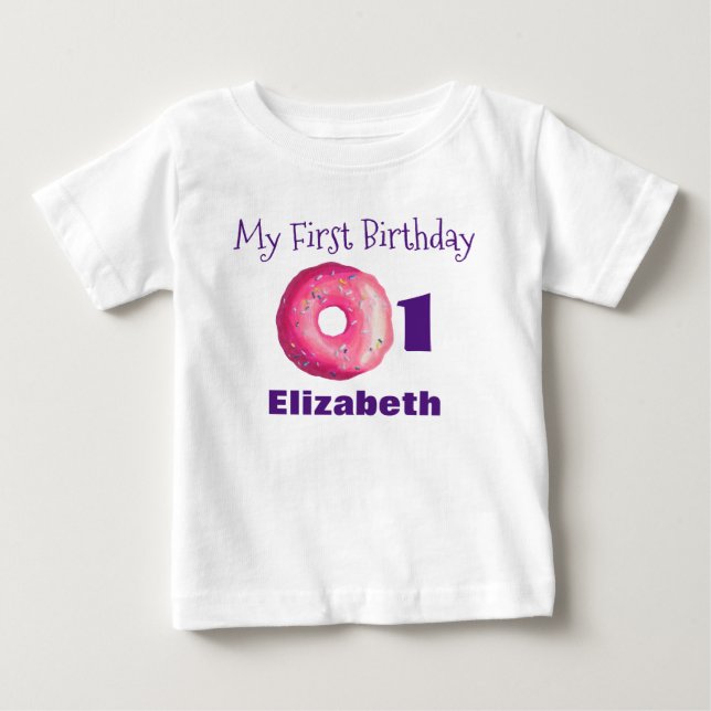 First Birthday Pink Donut With Sprinkles Baby T-Shirt (Front)