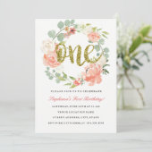 First Birthday Pink Gold Floral Wreath Invitation (Standing Front)