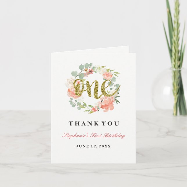 First Birthday Pink Gold Floral Wreath Thank You Card (Front)