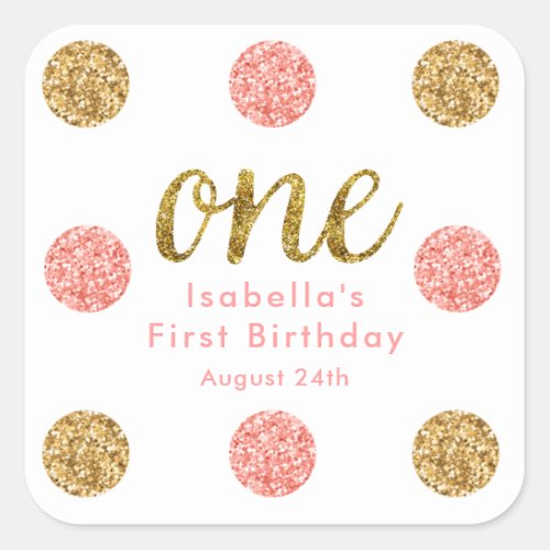 First Birthday Pink  Gold Glitter One Favor Square Sticker