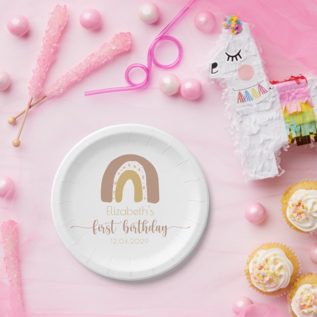 First Birthday Pink Gold Minimalist Rainbow Paper Plates (Party)