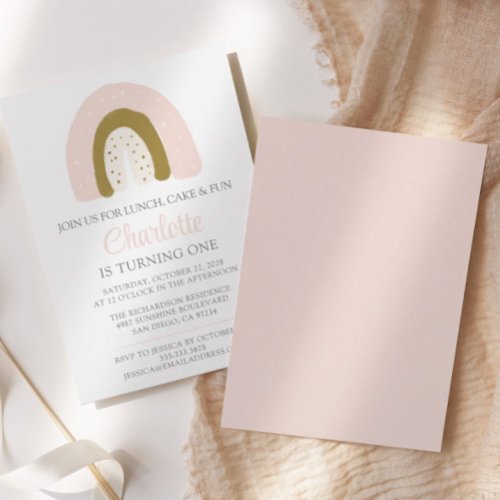 First Birthday Pink Gold Pastel Rainbow Invitation