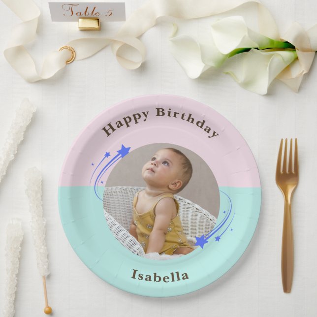 First Birthday Pink Green Shooting Star  Paper Plates (Wedding)