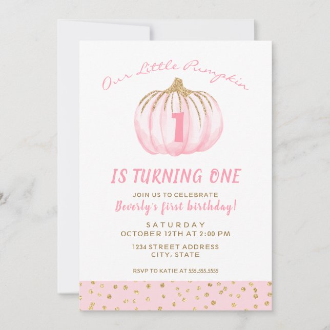 First Birthday Pink Little Pumpkin is Turning One Invitation (Front)