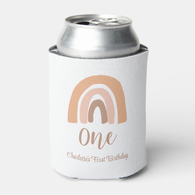 First Birthday Pink Pastel Boho Rainbow Can Cooler (Can Front)