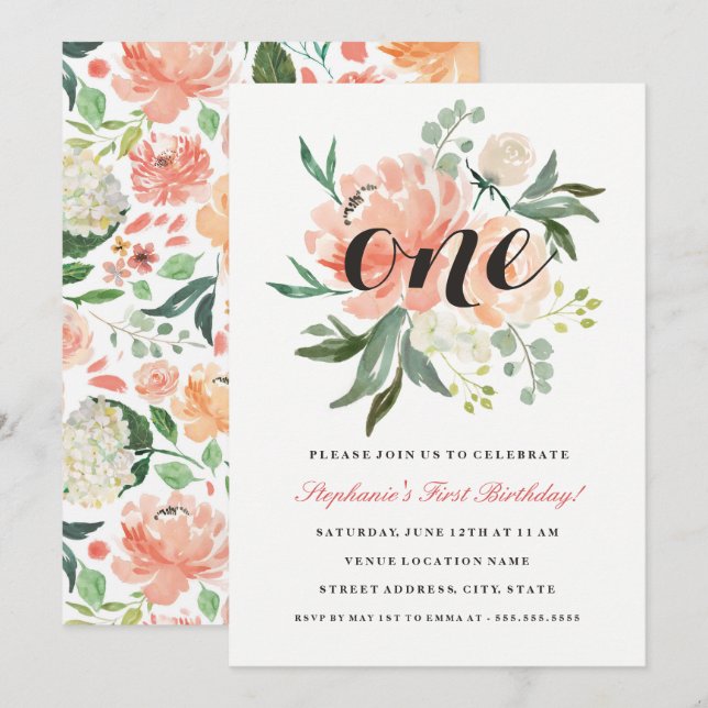First Birthday Pink Peach Floral One Invitation (Front/Back)