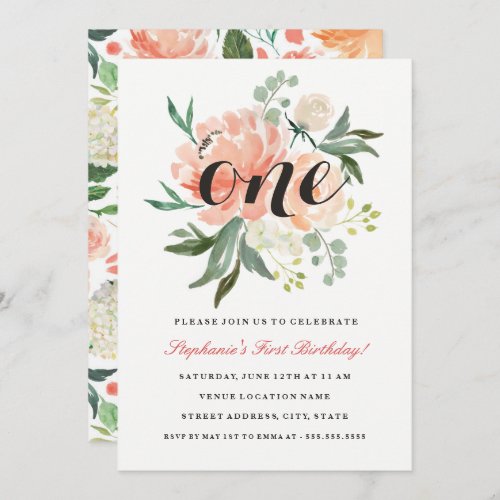 First Birthday Pink Peach Floral One Invitation