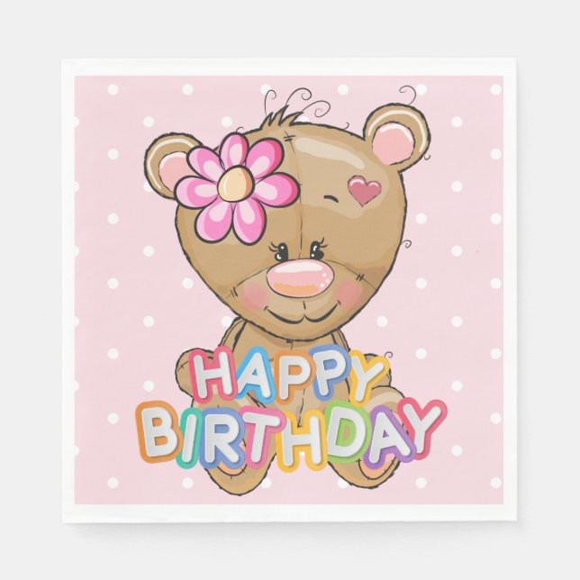 First Birthday Pink Polka Dots Teddy Bear Paper Napkins (Front)