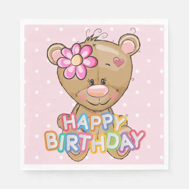 First Birthday Pink Polka Dots Teddy Bear Paper Napkins | Zazzle