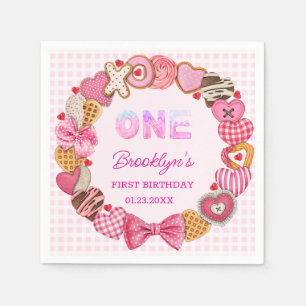 First Birthday Pink Rose Swirly Heart Valentine's  Napkins