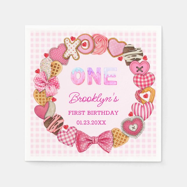 First Birthday Pink Rose Swirly Heart Valentine's  Napkins (Front)
