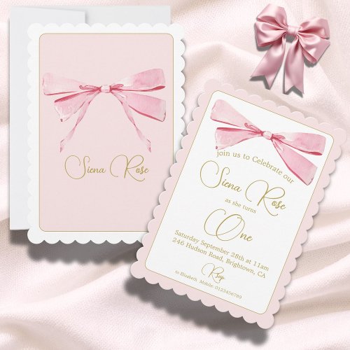 First Birthday Pink Watercolor Bow Cute  Invitation