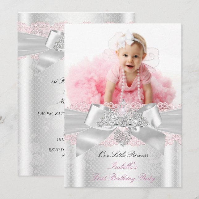 First Birthday Pink White Lace Diamond Tiara Invitation (Front/Back)