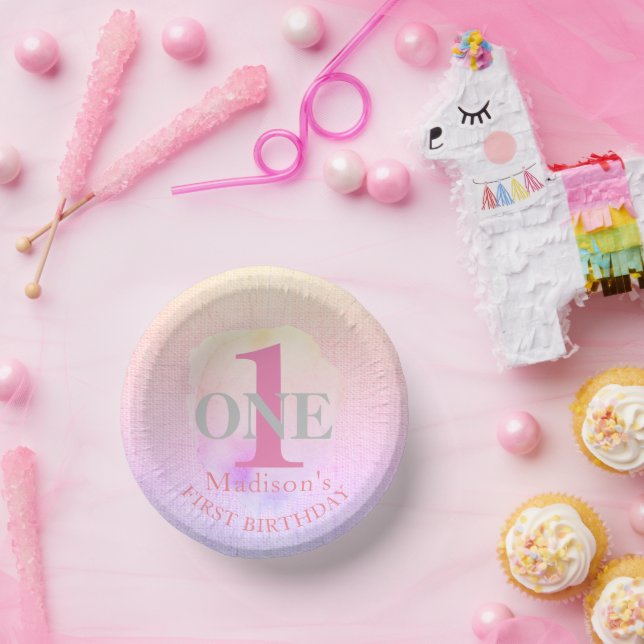 First Birthday Pretty Elegant Pink Custom Name 1st Paper Bowls (Party)