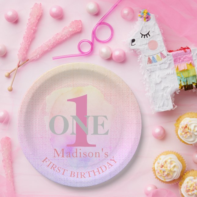 First Birthday Pretty Elegant Pink Custom Name 1st Paper Plates (Party)