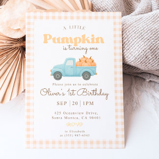 First Birthday Pumpkin Invitation - Blue Truck