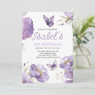  First birthday,Purple and gold flower Butterfly  Invitation