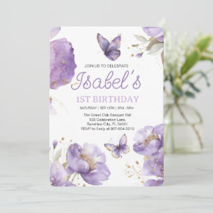  First birthday,Purple and gold flower Butterfly  Invitation