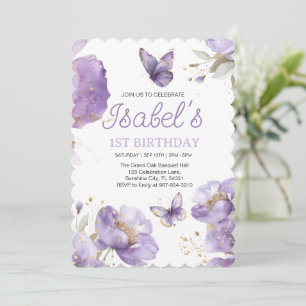 First birthday,Purple and gold flower Butterfly  Invitation