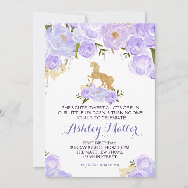 First birthday purple watercolor unicorn invite (Front)