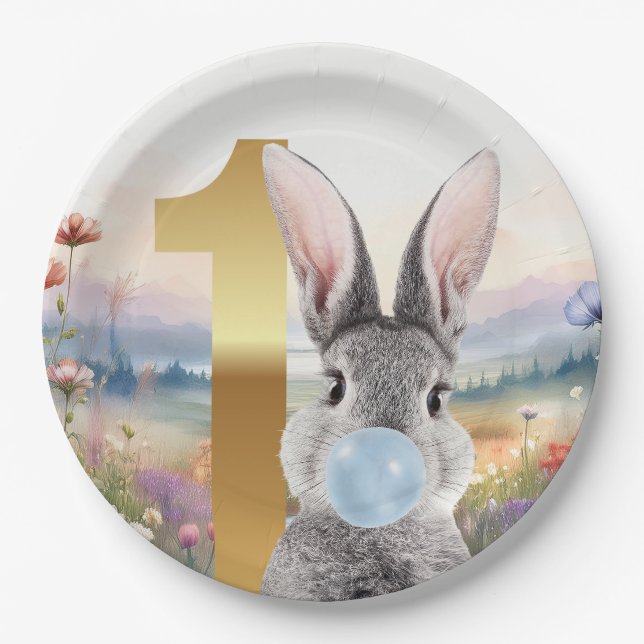 First Birthday Rabbit blowing blue bubble gum  Paper Plates (Front)