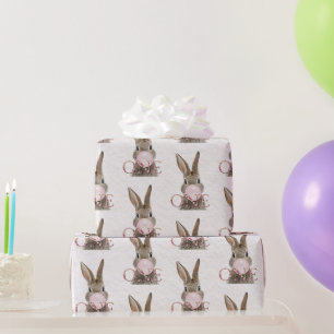 First Birthday Rabbit Blowing Pink Bubble gum   Wrapping Paper