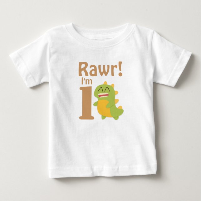 First Birthday, Rawr! I'm 1, Cute Dino Baby T-Shirt (Front)