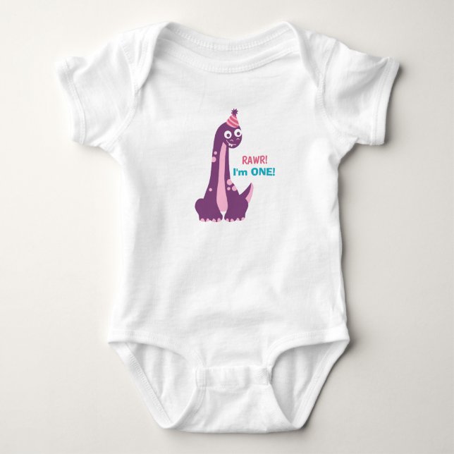 First Birthday, Rawr! I'm 1, Cute Party Dino Baby Bodysuit (Front)
