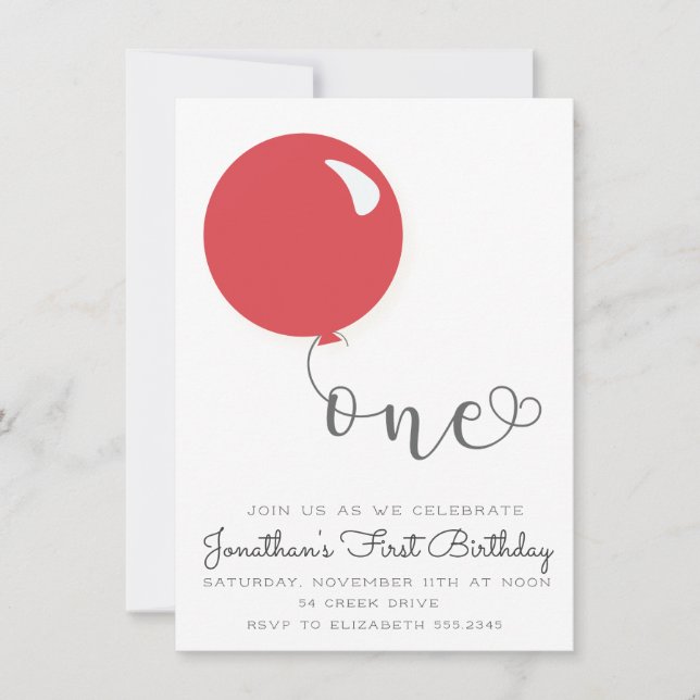 First Birthday Red Balloon Invitation (Front)