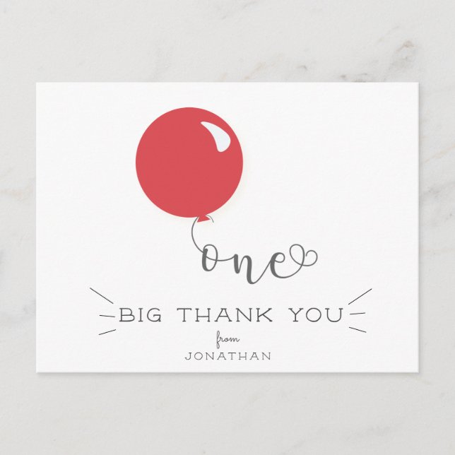 First Birthday Red Balloon Thank You Post card (Front)