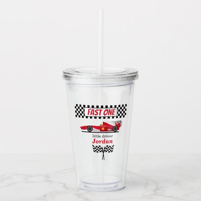 First Birthday Red Race Car Fast One  Acrylic Tumbler (Front)