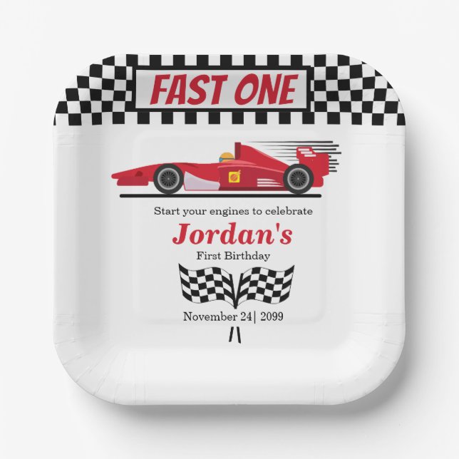 First Birthday Red Race Car Fast One  Paper Plates (Front)