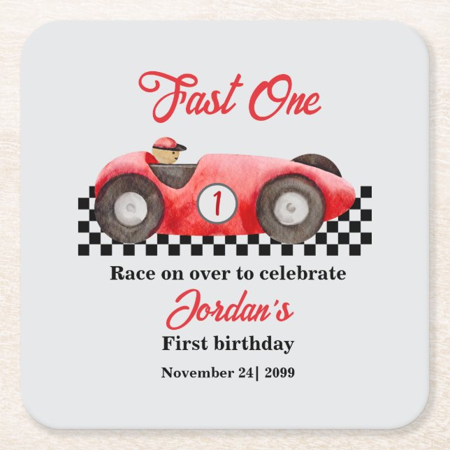 First Birthday Red Race Car Fast One Square Paper Coaster (Front)
