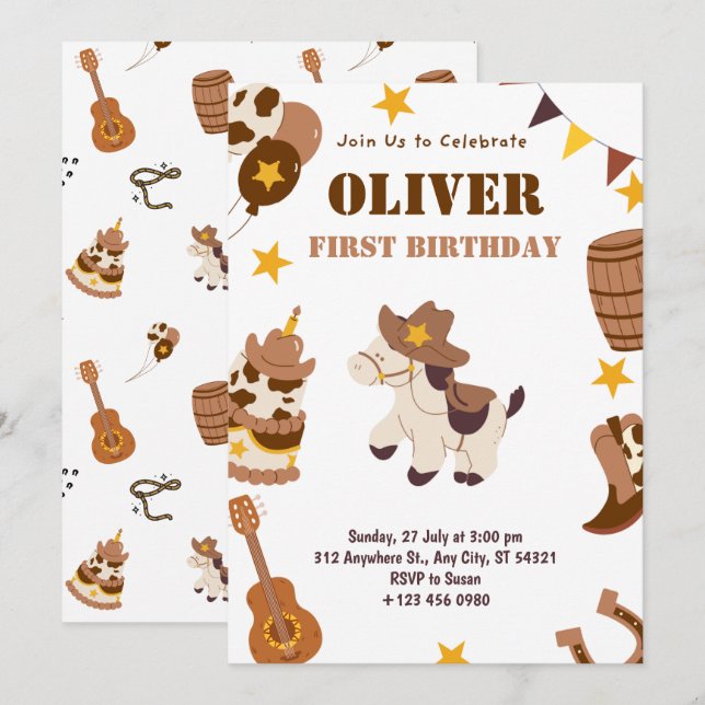 First Birthday Rodeo Kids Boy 1st Invitations Card (Front/Back)