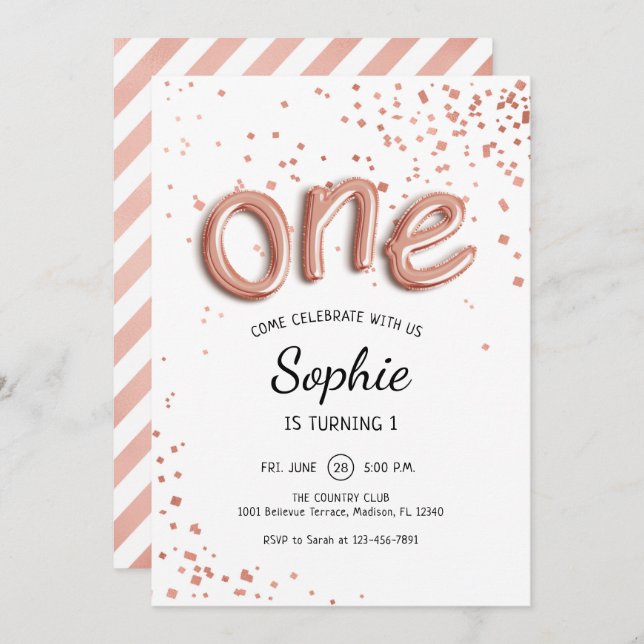 First Birthday - Rose Gold White Invitation (Front/Back)